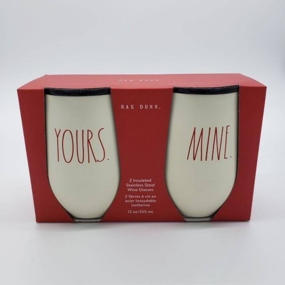 Rae Dunn Yours Mine Insulated Stainless Steel Wine Glass Set 12oz Cream Red 2pc